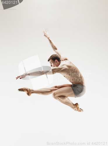 Image of The male athletic ballet dancer performing dance isolated on white background.