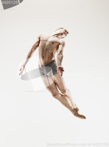 Image of The male athletic ballet dancer performing dance isolated on white background.