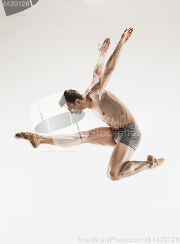 Image of The male athletic ballet dancer performing dance isolated on white background.