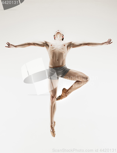 Image of Athletic ballet dancer in a perfect shape performing over the grey background.