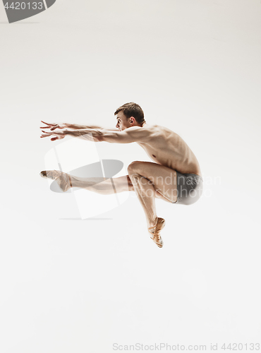 Image of The male athletic ballet dancer performing dance isolated on white background.