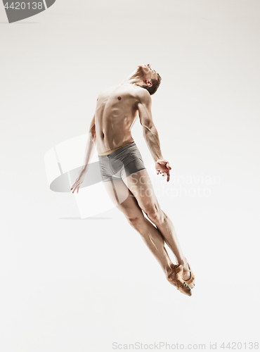 Image of The male athletic ballet dancer performing dance isolated on white background.