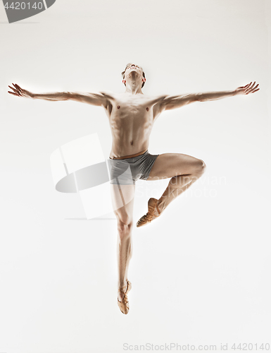 Image of Athletic ballet dancer in a perfect shape performing over the grey background.