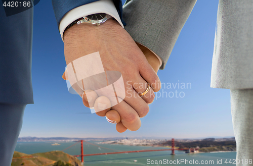 Image of close up of gay couple over golden gate bridge