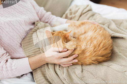 Image of close up of owner with red cat in bed at home