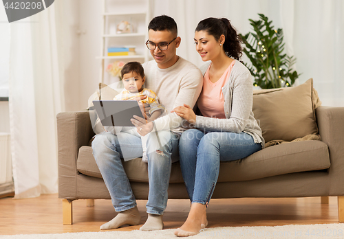 Image of mother, father and baby with tablet pc at home