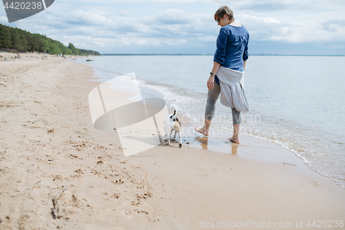 Image of Woman walking with her dog on the sandy beach. Rear view.