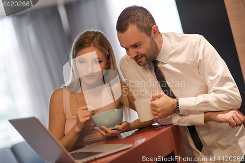 Image of A young couple is preparing for a job and using a laptop