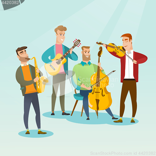 Image of Band of musicians playing musical instruments.