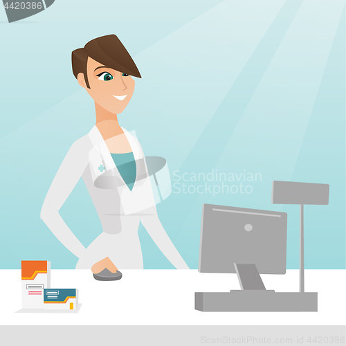 Image of Pharmacist at counter with cash box.