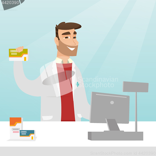 Image of Pharmacist showing some medicine.