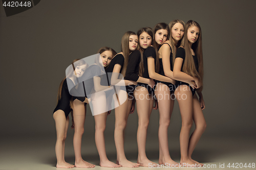 Image of The group of teen girls posing at white studio