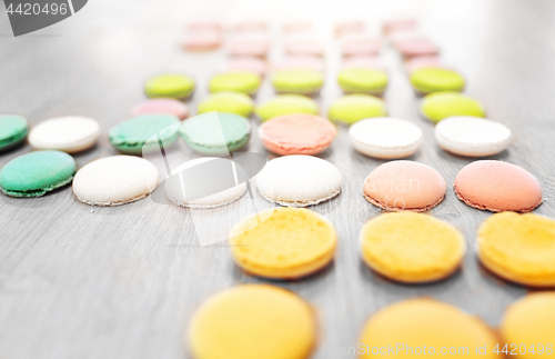 Image of macarons on table at confectionery or bakery