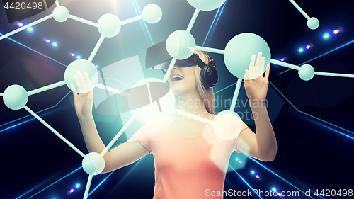 Image of woman in virtual reality headset or 3d glasses