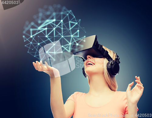 Image of woman in virtual reality headset or 3d glasses