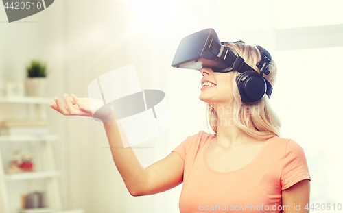 Image of woman in virtual reality headset or 3d glasses