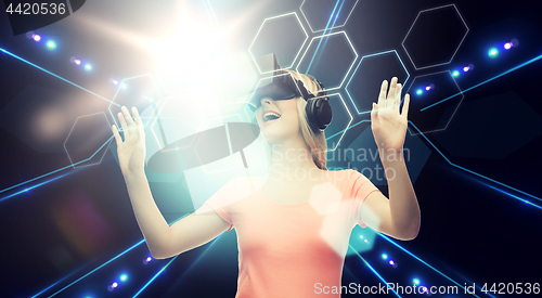 Image of woman in virtual reality headset or 3d glasses