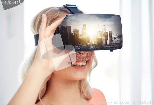 Image of woman in virtual reality headset or 3d glasses