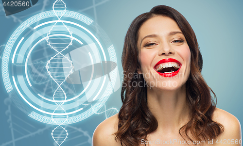 Image of woman with red lipstick over dna molecule