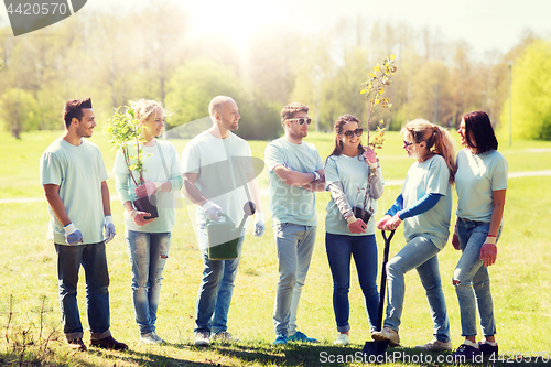 Image of group of volunteers with trees and rake in park