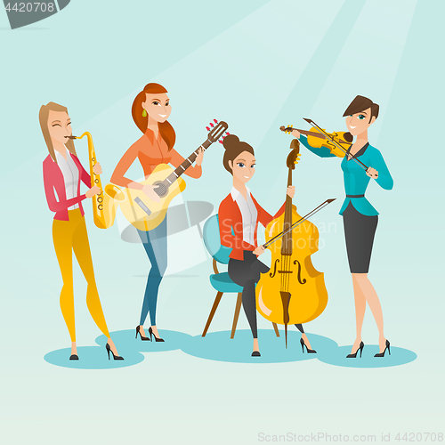 Image of Band of musicians playing musical instruments.