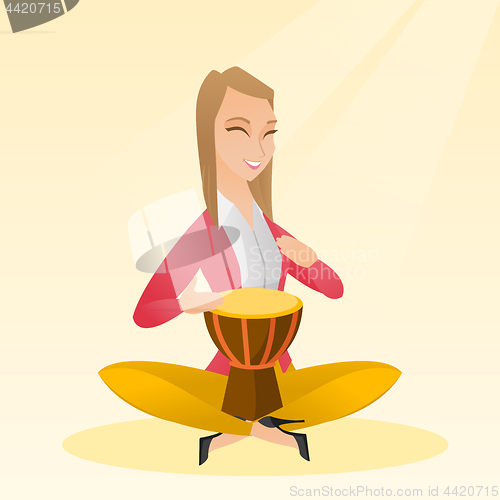 Image of Woman playing the ethnic drum vector illustration.