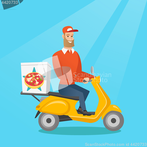 Image of Man delivering pizza on scooter.