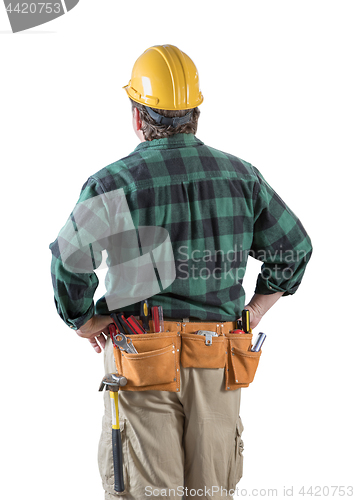 Image of Male Contractor with Hard Hat and Tool Belt Looking Away Isolate