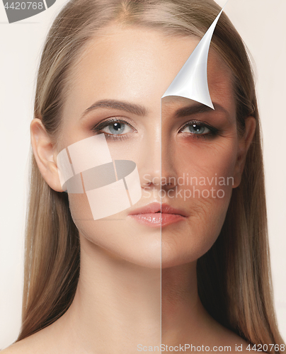 Image of portrait of beautiful woman with problem and clean skin, aging and youth concept, beauty treatment