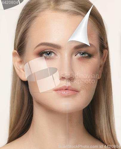 Image of portrait of beautiful woman with problem and clean skin, aging and youth concept, beauty treatment