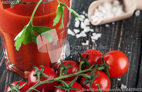 Image of Closeup of tomato juice and cherry tomatoes