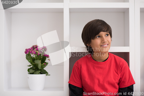 Image of young boy posing on a shelf