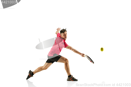 Image of one caucasian man playing tennis player isolated on white background