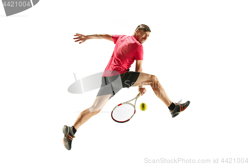 Image of one caucasian man playing tennis player isolated on white background