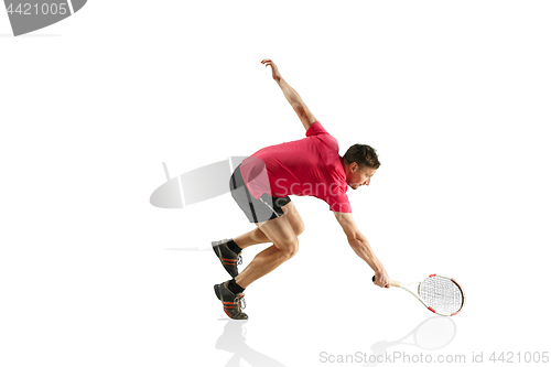 Image of one caucasian man playing tennis player isolated on white background