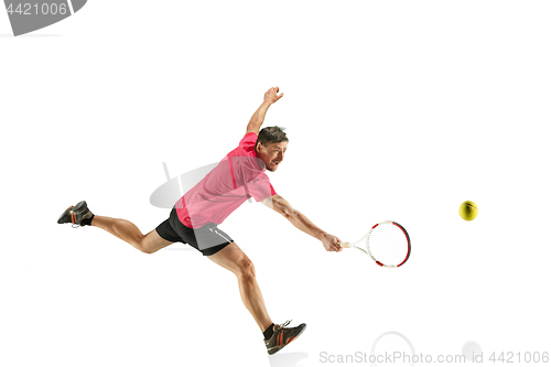 Image of one caucasian man playing tennis player isolated on white background