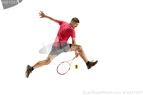 Image of one caucasian man playing tennis player isolated on white background