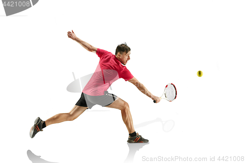 Image of one caucasian man playing tennis player isolated on white background