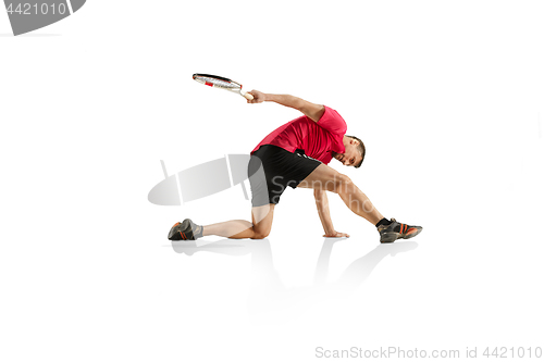 Image of one caucasian man playing tennis player isolated on white background