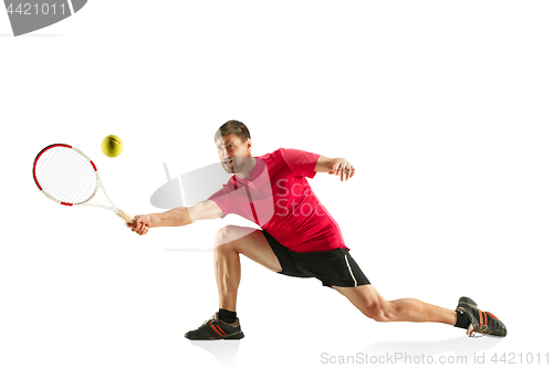 Image of one caucasian man playing tennis player isolated on white background