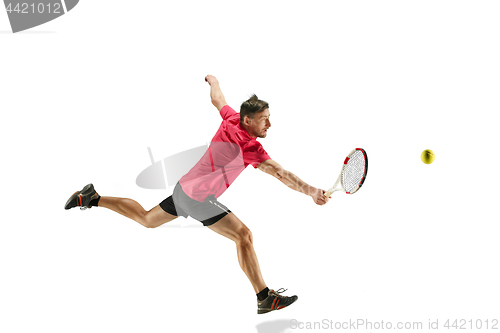 Image of one caucasian man playing tennis player isolated on white background