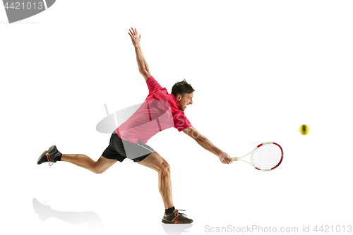 Image of one caucasian man playing tennis player isolated on white background