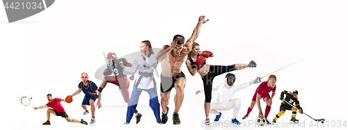 Image of Sport collage about boxing, soccer, american football, basketball, ice hockey, fencing, jogging, taekwondo, tennis