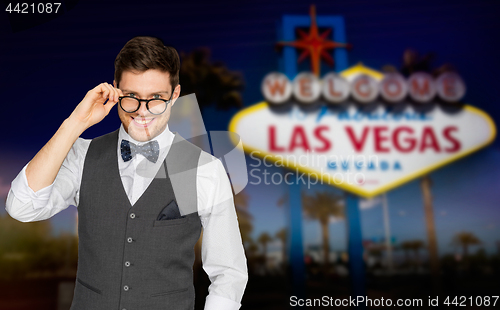 Image of happy man in suit and eyeglasses at las vegas