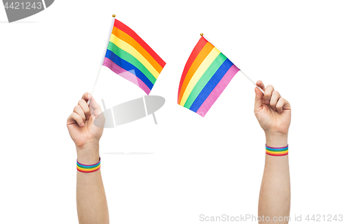 Image of hand with gay pride rainbow flags and wristbands