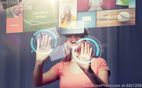 Image of woman in virtual reality headset or 3d glasses