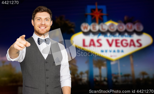 Image of man in suit pointing finger at you at las vegas