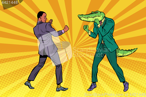 Image of Businessman Boxing with a crocodile