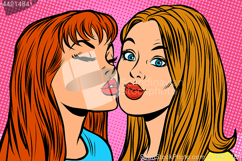 Image of woman kissing girlfriend on the cheek