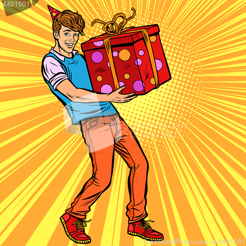 Image of young man birthday boy with gift box